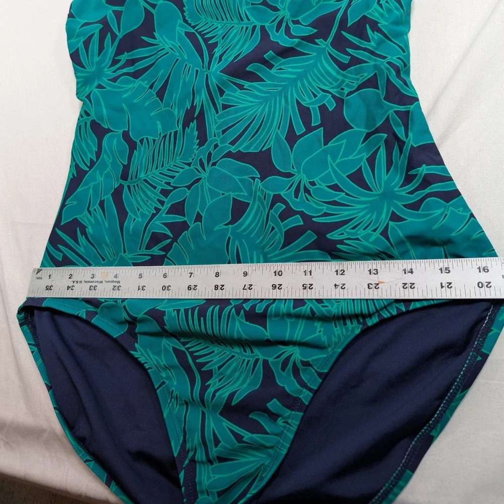 Lands' End Women Tropical Palm Print One Piece Swimsuit L Green Blue